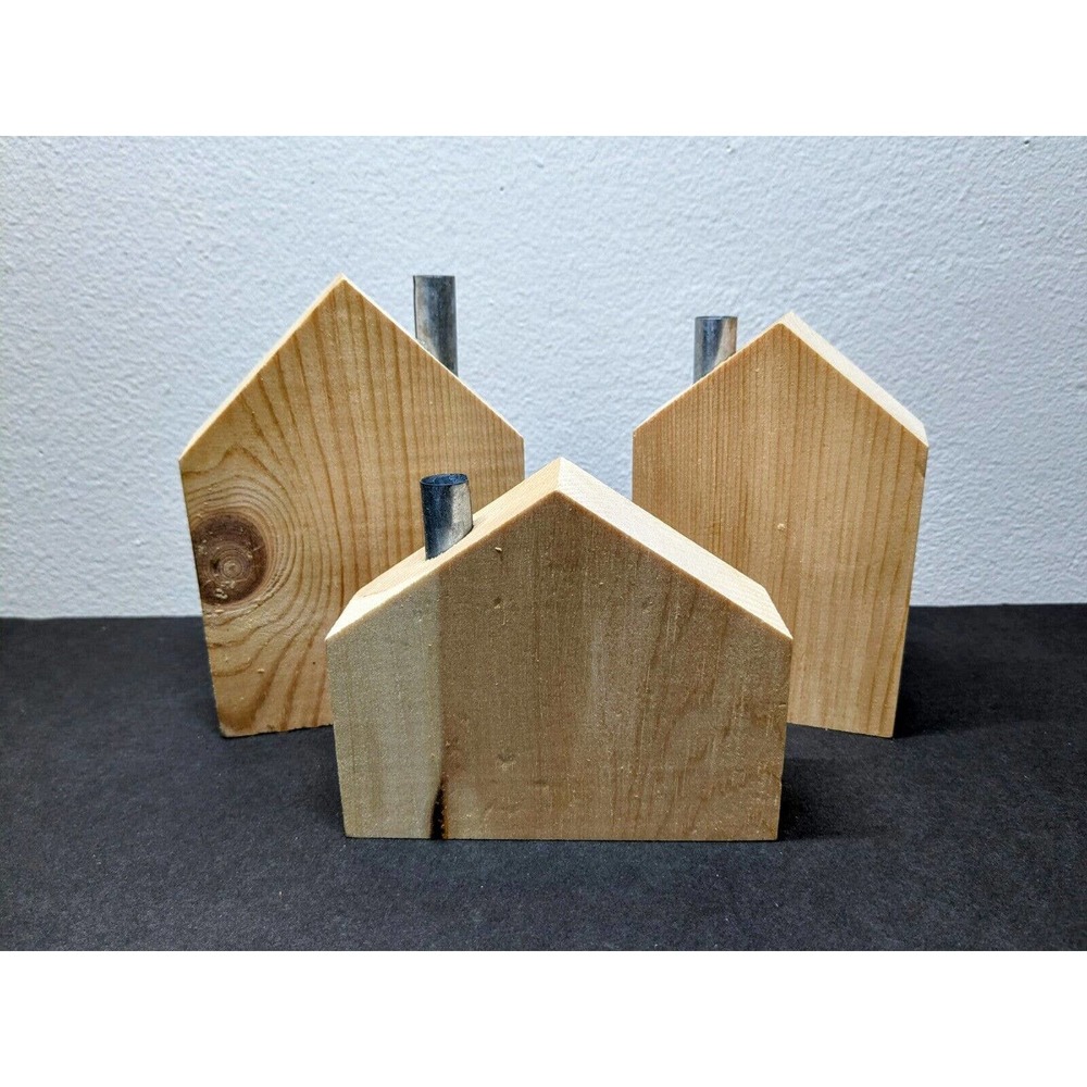 New Set of 3 Unfinished Wood Block Houses w/ Metal Chimney Craft Holiday Decor